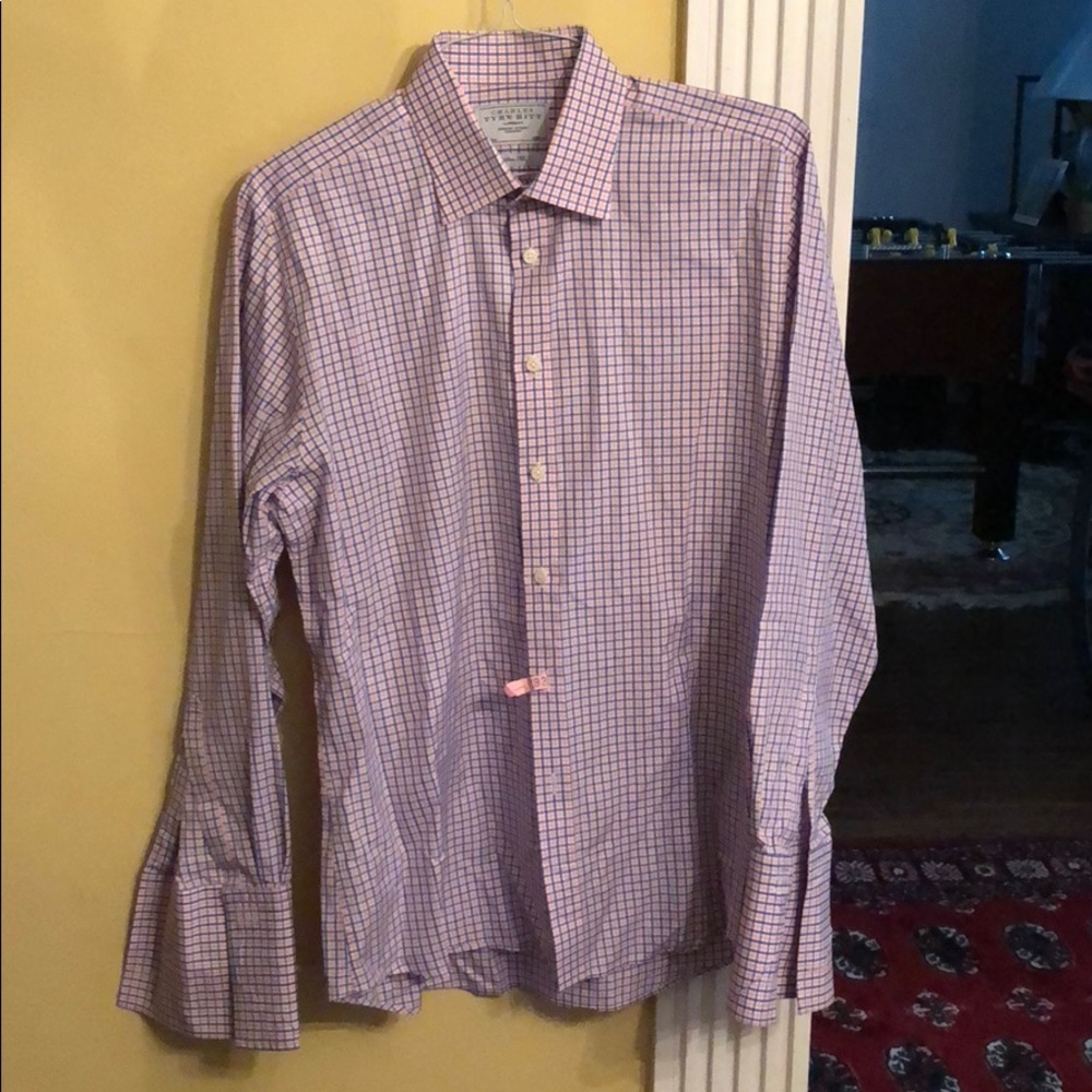 Men's dress shirt pink, blue & white plaid